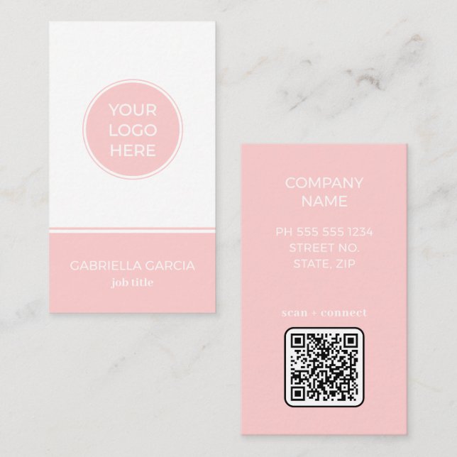 Blush Pink Simple Logo QR Code Business Card (Front/Back)