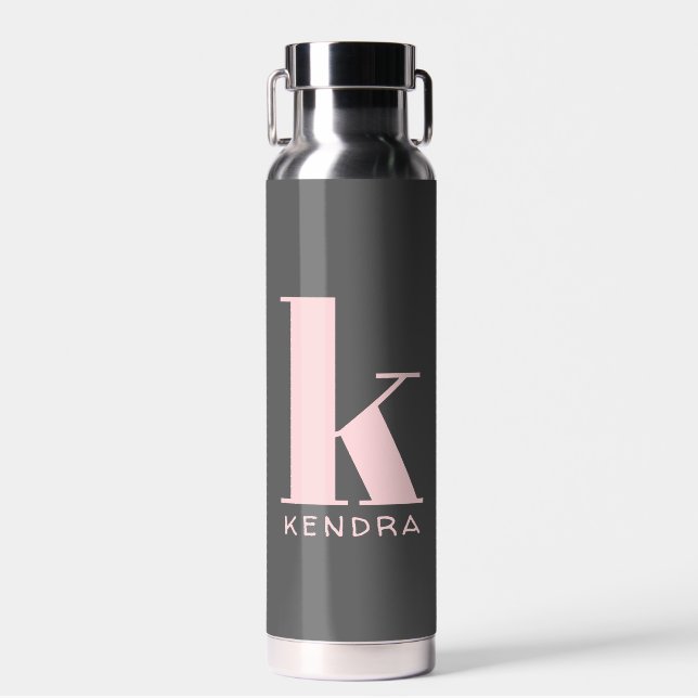 Blush Pink Simple Monogram on Charcoal Grey Water Bottle (Front)