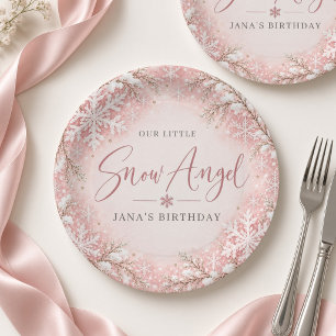 Blush Pink Snow Angel Personalized Birthday Paper Plate