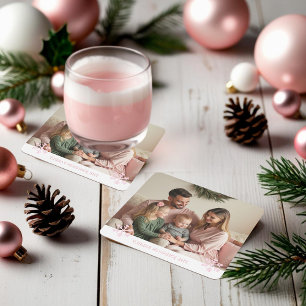 Blush Pink Snowflake Family Photo Christmas Square Paper Coaster
