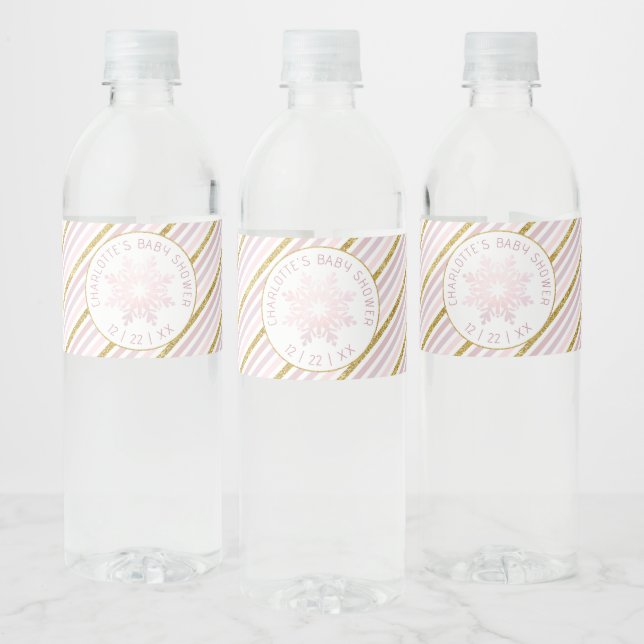 Blush Pink Snowflake Winter Water Bottle Label (Bottles)