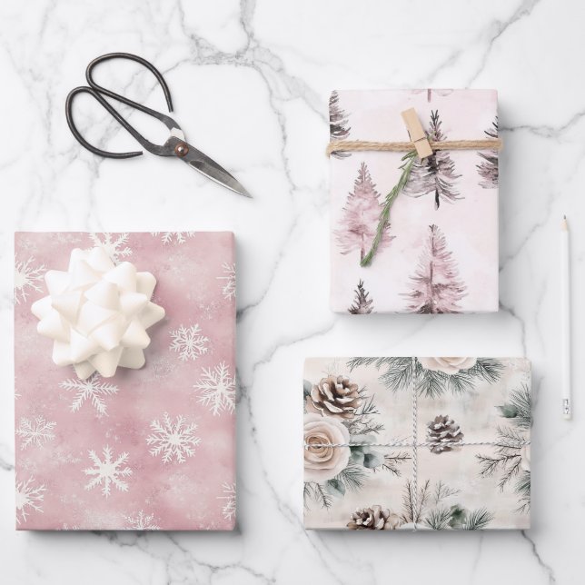 Blush Pink Snowflakes Trees Flowers Christmas Wrapping Paper Sheet (Front)