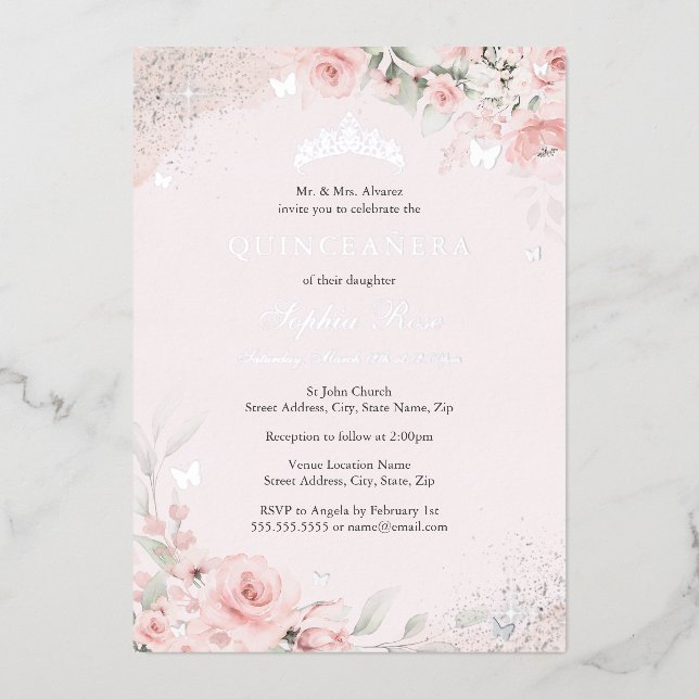Blush Pink Soft Rose Butterfly Silver Quinceanera (Front)
