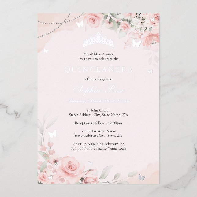 Blush Pink Soft Rose Butterfly Silver Quinceanera (Front)