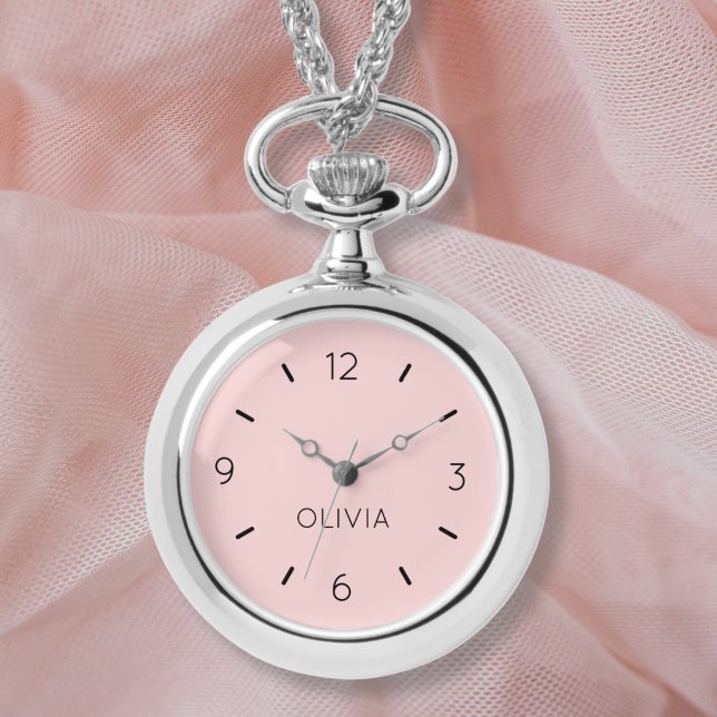 Blush Pink Solid Colour Custom Name Watch (Easily personalize this pretty blush pink necklace watch or remove the name completely. )