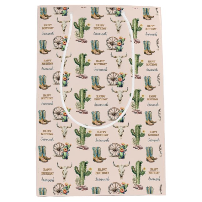 Blush Pink Southwest Desert Cactus Happy Birthday Medium Gift Bag (Front)