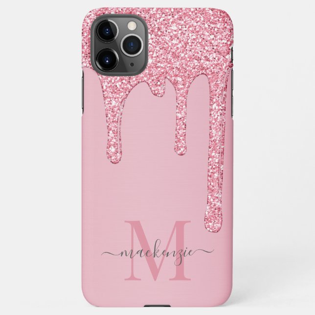 Blush Pink Sparkle Glam Glitter Drips Monogram iPhone Case (Back)