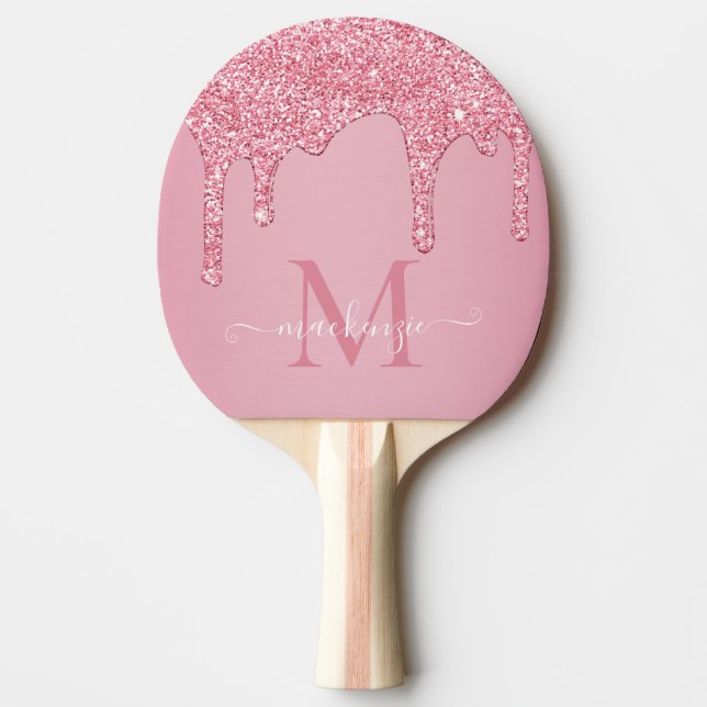 Blush Pink Sparkle Glam Glitter Drips Monogram Ping Pong Paddle (Front)