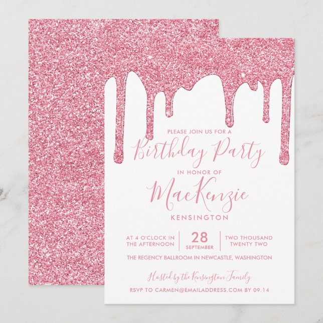 Blush Pink Sparkle Glitter Drips Any Year Birthday Invitation (Front/Back)