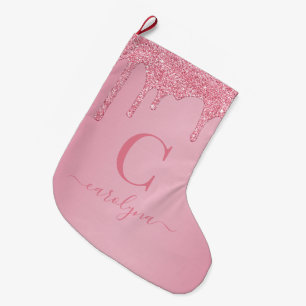 Blush Pink Sparkle Glitter Drips Monogram Large Christmas Stocking