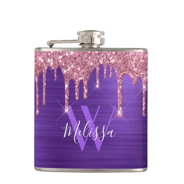 Blush Pink Sparkle Glitter Drips Monogram Purple Hip Flask (Front)
