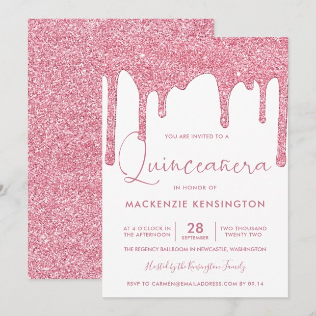 Blush Pink Sparkle Glitter Drips Quinceañera Invitation (Front/Back)