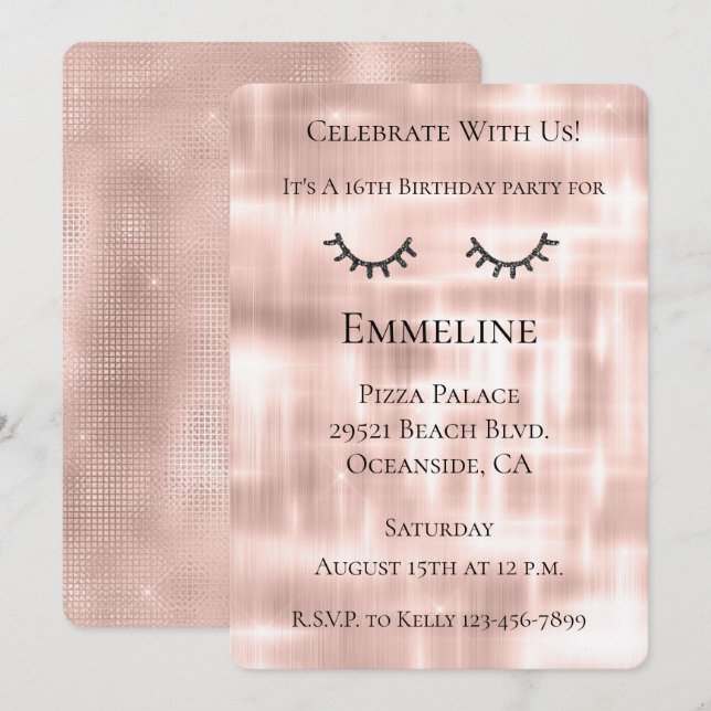 Blush Pink Sparkle Glitzy Black Glitter Eyelashes  Invitation (Front/Back)