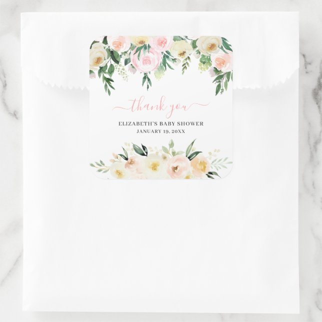 Blush Pink Spring Floral | Baby Shower Favour Square Sticker (Bag)