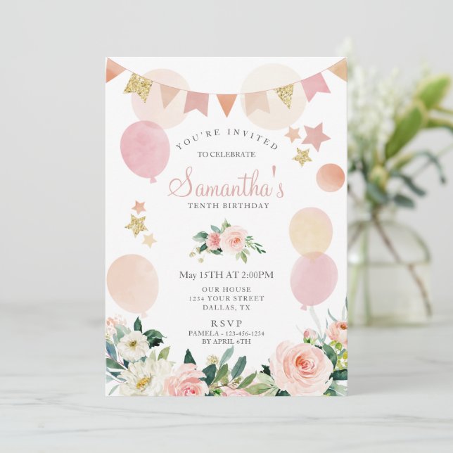 Blush Pink Spring Floral Girl Birthday Party Invitation (Standing Front)