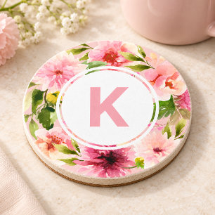 Blush Pink Spring Watercolor Flowers Monogram Coaster