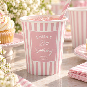 Blush Pink Stripe 21st Birthday Coastal Chic Paper Cups