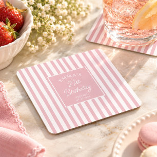 Blush Pink Stripe 21st Birthday Coastal Chic Square Paper Coaster
