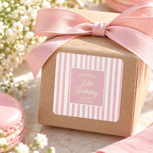 Blush Pink Stripe 21st Birthday Coastal Chic Square Sticker