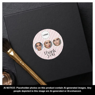Blush Pink Stripe 3 Photo MUA Thank You Salon Classic Round Sticker