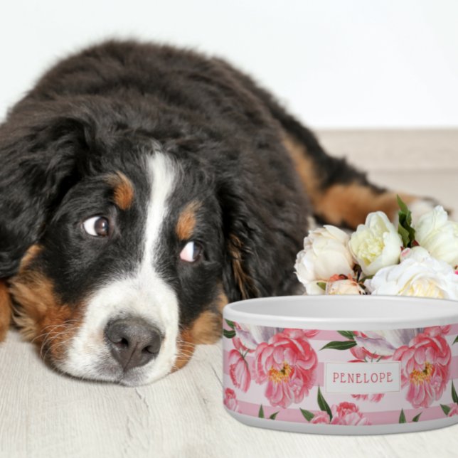 Blush Pink Stripe & Peony Floral | Monogram Bowl (Creator Uploaded)