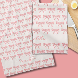 Blush pink striped bows kitchen towel