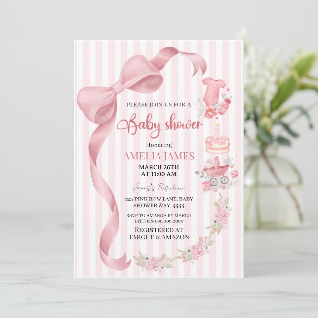 Blush Pink Striped Coquette Bow Girl Baby Shower Invitation (Standing Front)