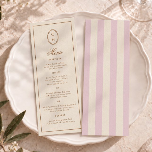Blush Pink Striped Monogram Long Wedding Menu Invitation (Creator Uploaded)