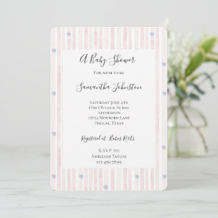 Blush Pink Stripes Blue Hearts Baby Shower Invitation