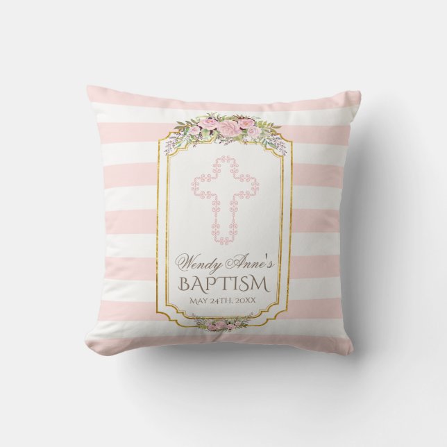 Blush Pink Stripes Floral Gold Baptism Monogram Throw Pillow (Front)