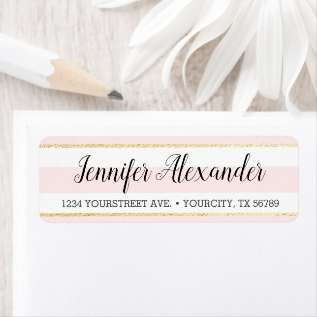 Blush Pink Stripes Gold Faux Foil Adresse de retou (En situation)