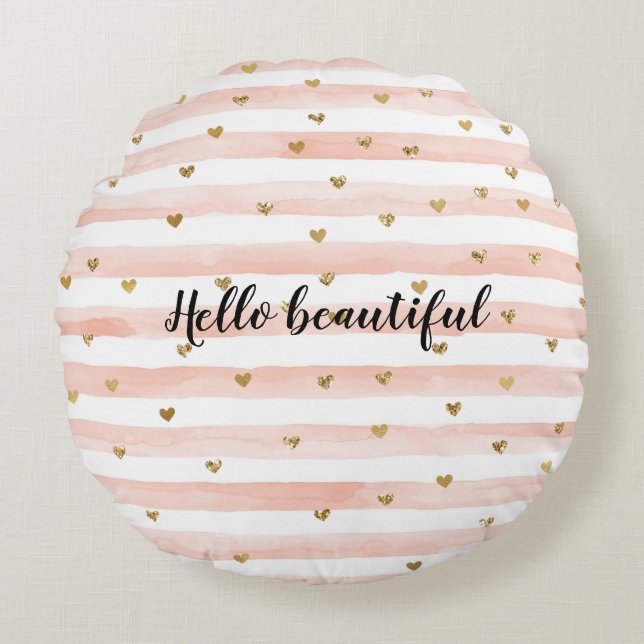 Blush Pink Stripes Gold Hearts Round Pillow (Front)