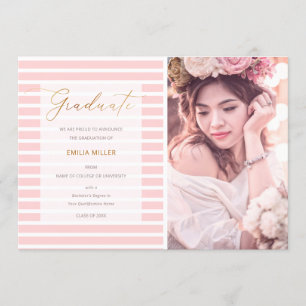 Blush Pink Stripes Modern Graduation Photo Announcement