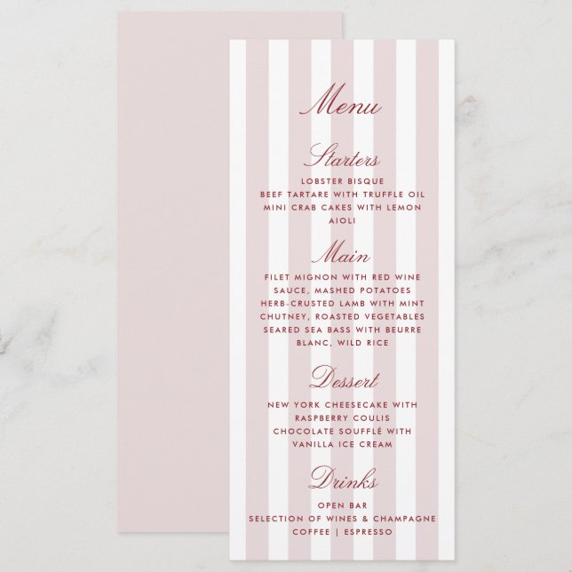 Blush Pink Stripes Modern Wedding Menu Card (Front/Back)