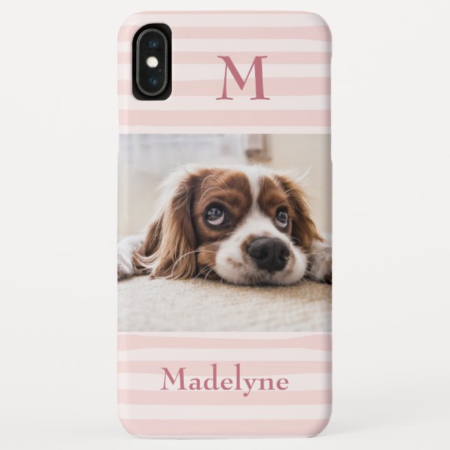 Blush Pink Stripes Monogram Photo Personalized Case-Mate iPhone Case (Back)