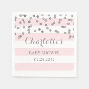 Blush Pink Stripes Silver Confetti Baby Shower Napkin