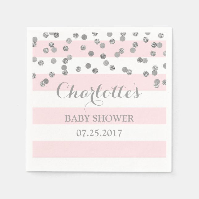 Blush Pink Stripes Silver Confetti Baby Shower Napkin (Front)