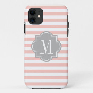 Blush Pink Stripes with Grey Monogram iPhone 11 Case