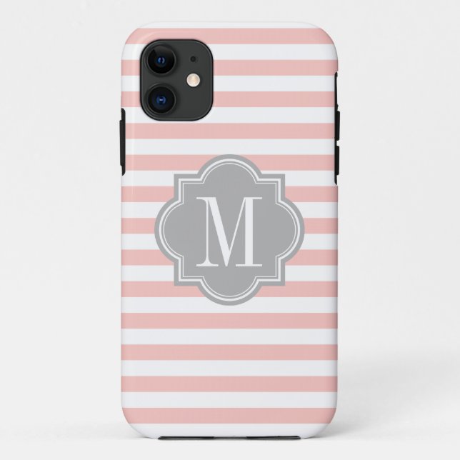 Blush Pink Stripes with Grey Monogram Case-Mate iPhone Case (Back)