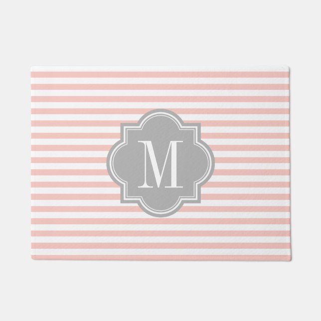 Blush Pink Stripes with Grey Monogram Doormat (Front)