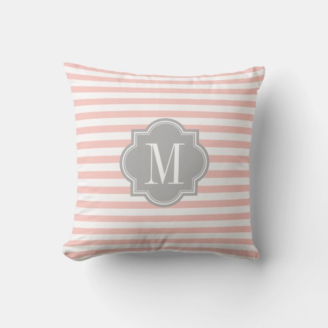 Blush Pink Stripes with Grey Monogram Throw Pillow (Front)