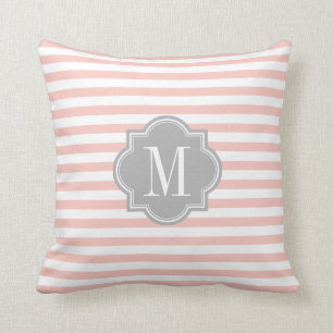 Blush Pink Stripes with Grey Monogram Throw Pillow
