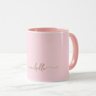 Blush Pink Stylish Gold Monogram Signature Script Mug