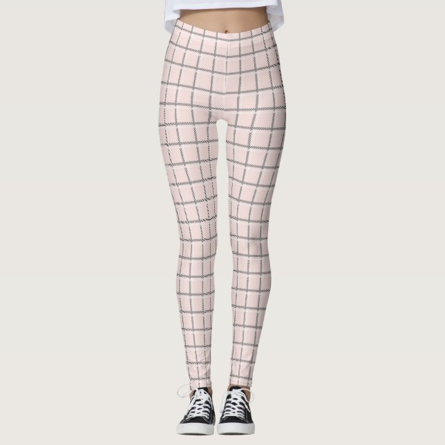 Blush Pink Subtle Plaid Pattern Preppy Leggings (Front)