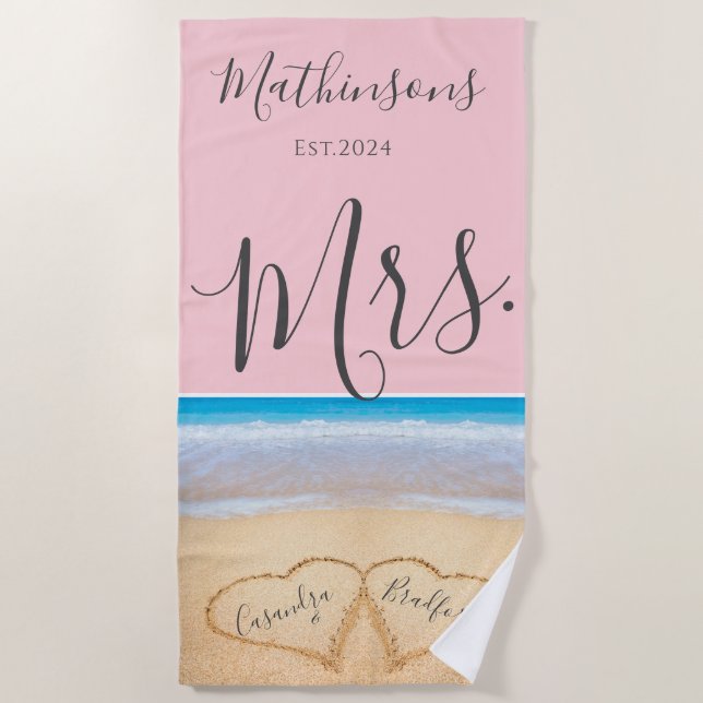 Blush Pink Sunset Beach Wedding 2 Heart Beach Towel (Front)