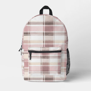 Blush Pink Tan Cocoa Cream Plaid Printed Backpack