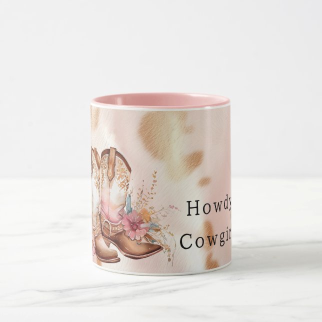 Blush Pink Tan Southwest Cowgirl Cowhide Boots Mug (Center)