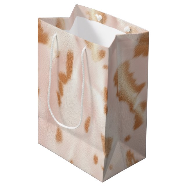 Blush Pink Tan Southwest Faux Cowgirl Cowhide Medium Gift Bag (Front Angled)