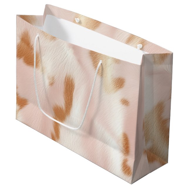 Blush Pink Tan Southwest Faux Cowhide Large Gift Bag (Front Angled)