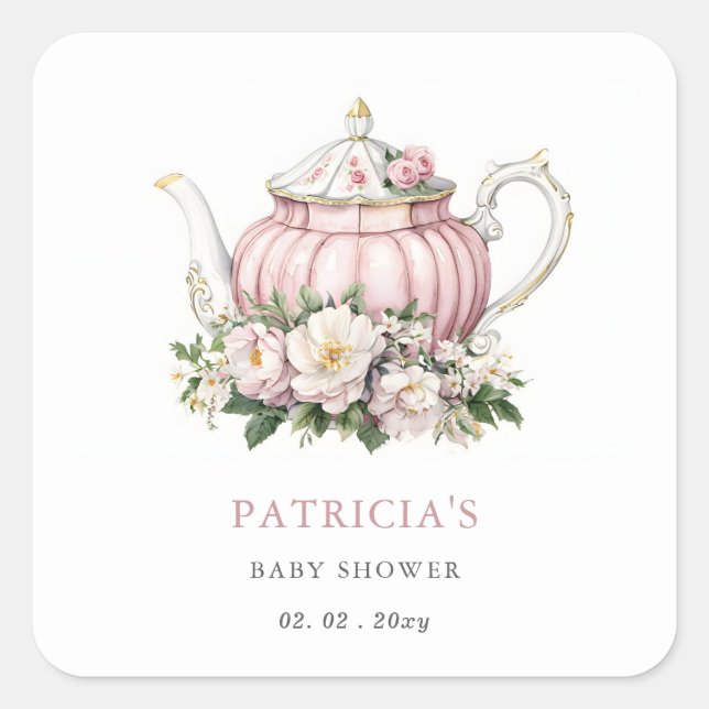 Blush Pink Tea Party Girl Baby Shower  Square Sticker (Front)